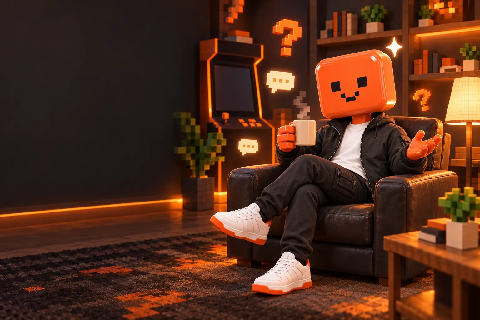 The Kaptia mascot in an armchair with a mug, explaining