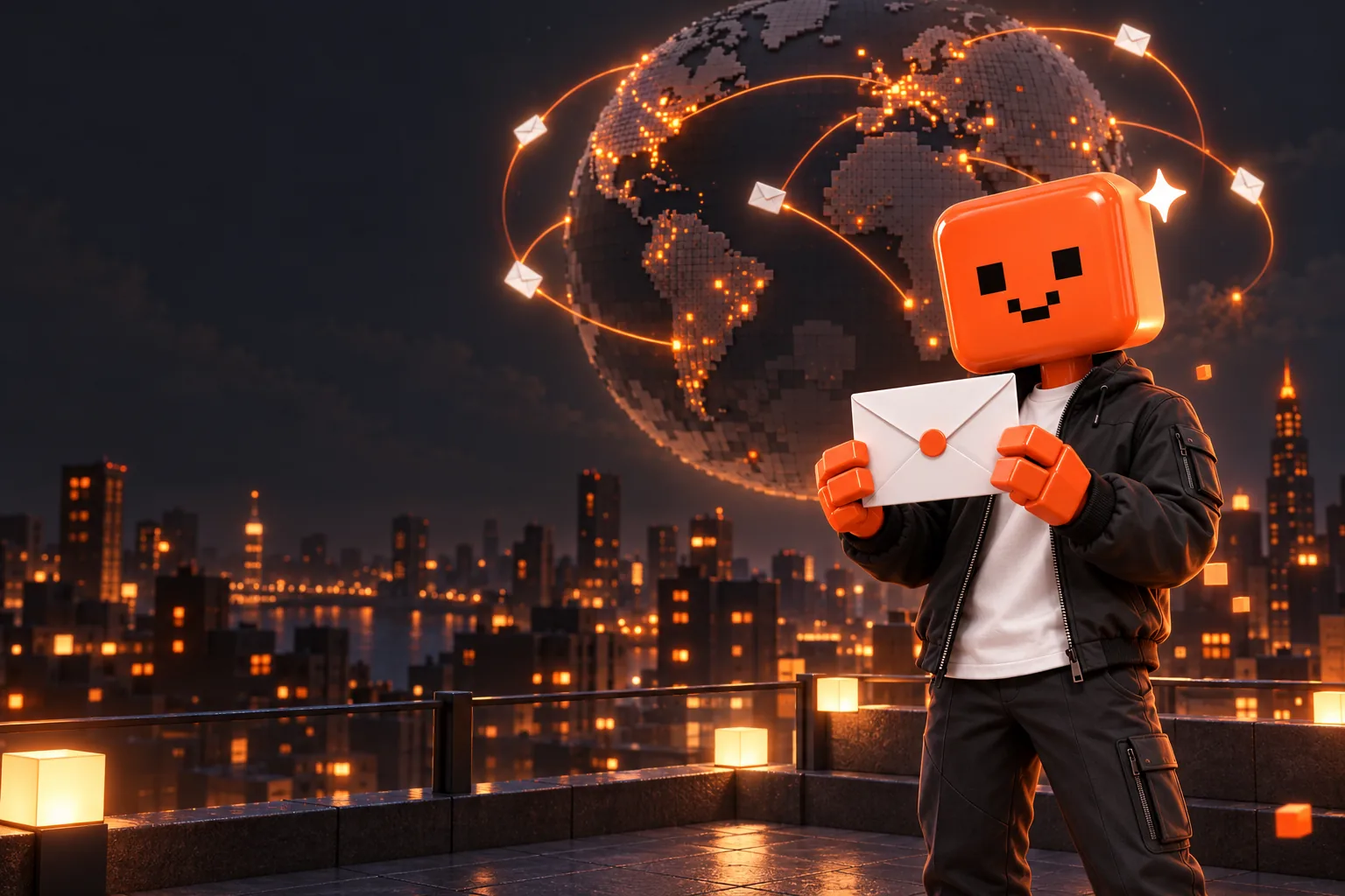 The Kaptia mascot holding an envelope, with a globe of connected dots behind it