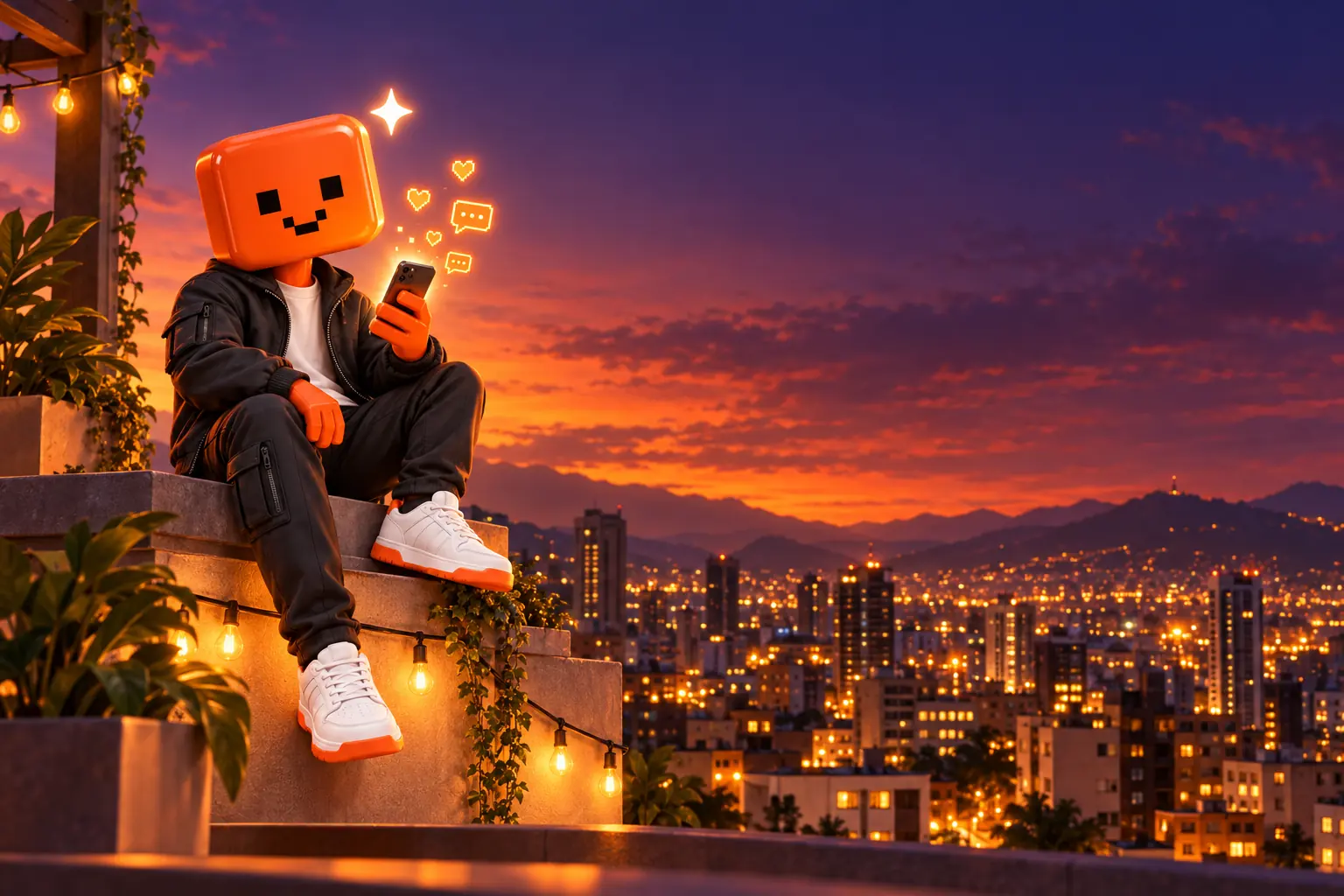 The Kaptia mascot on a rooftop at dusk, getting notifications on the phone