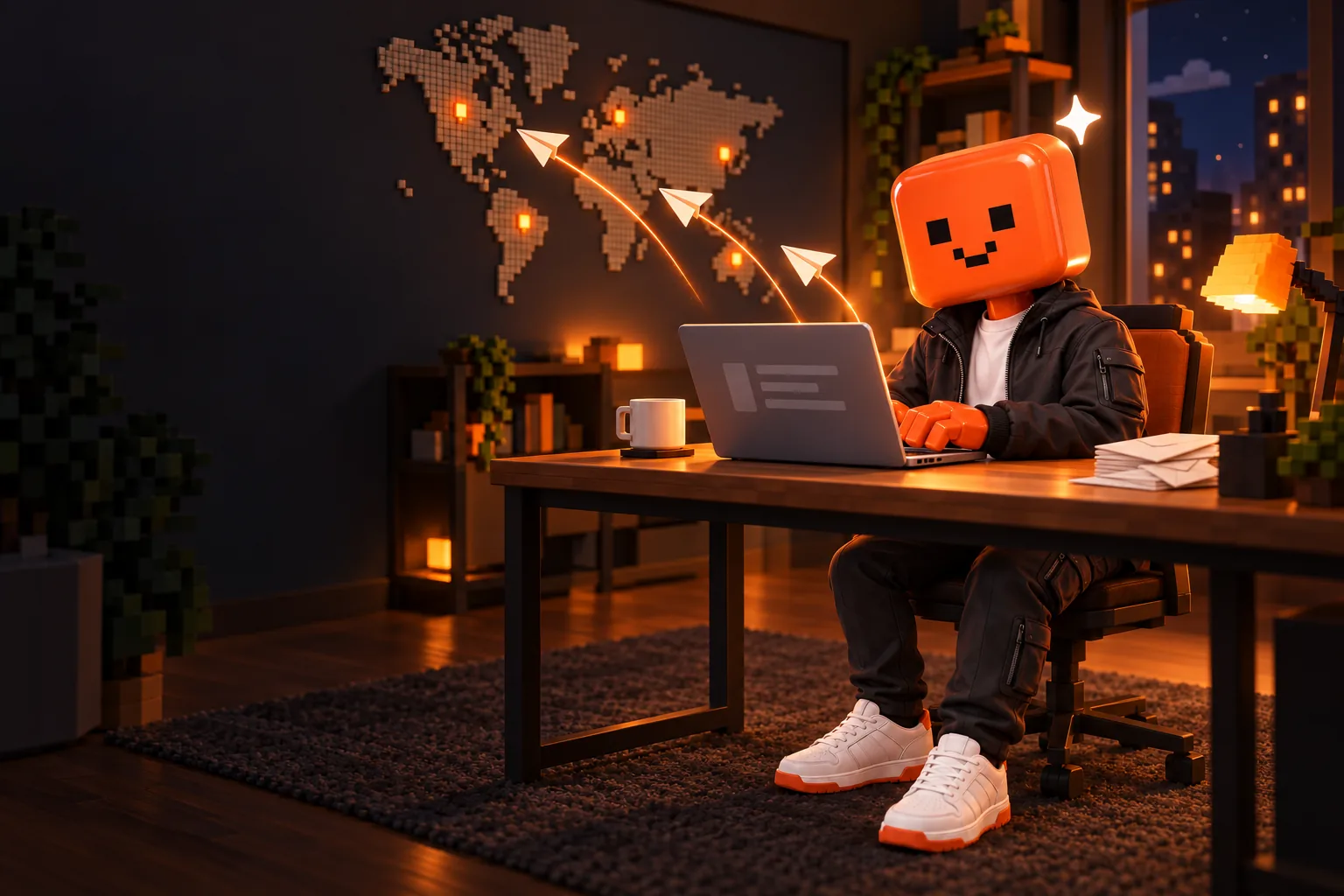 O mascote do Kaptia escrevendo e-mails num notebook, com aviões de papel indo pra um mapa-múndi