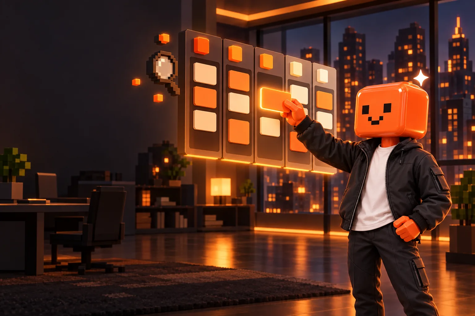 O mascote do Kaptia movendo um cartão num quadro de funil, com uma lupa ao lado