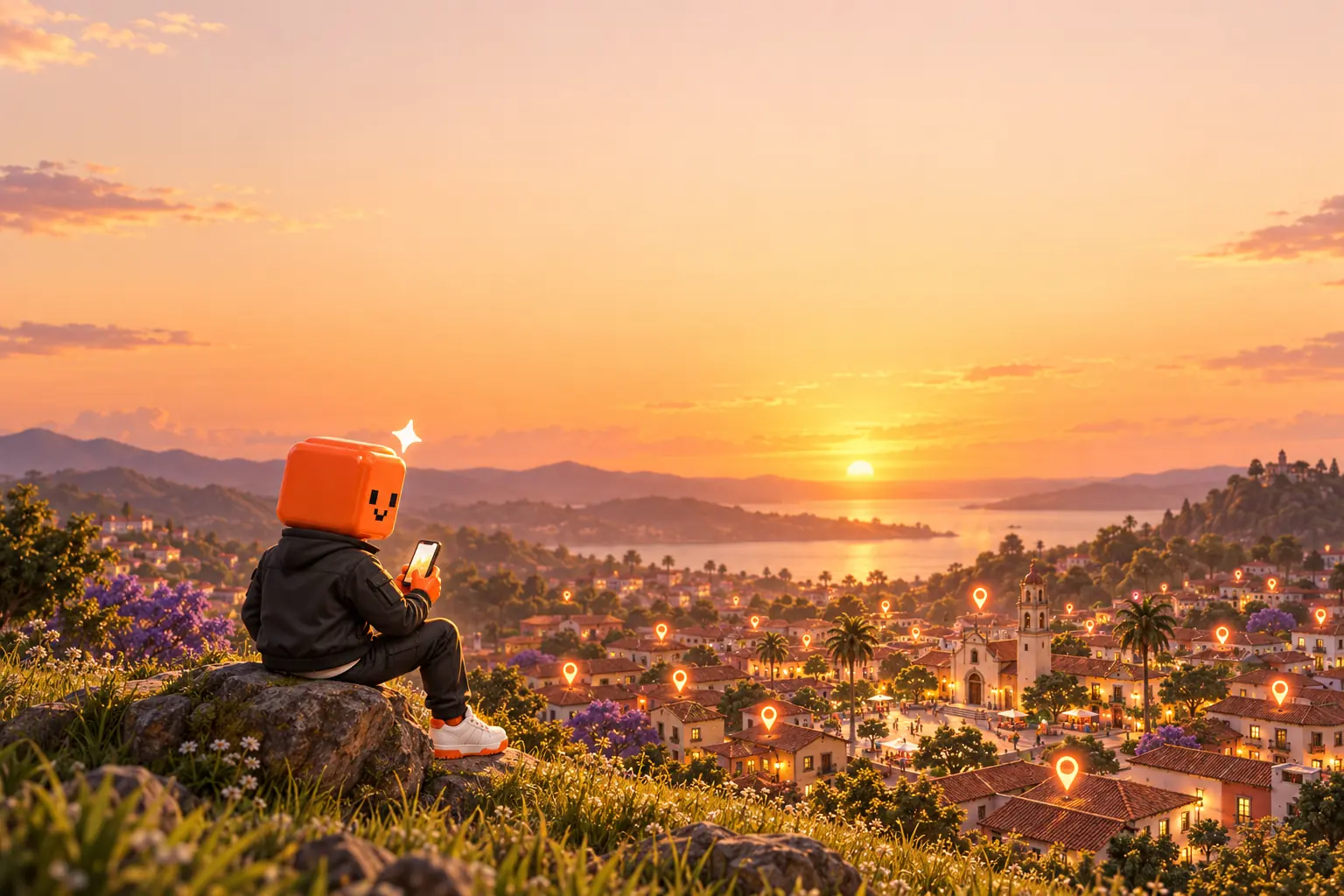 The Kaptia mascot sitting on a hill, looking at a town full of map pins