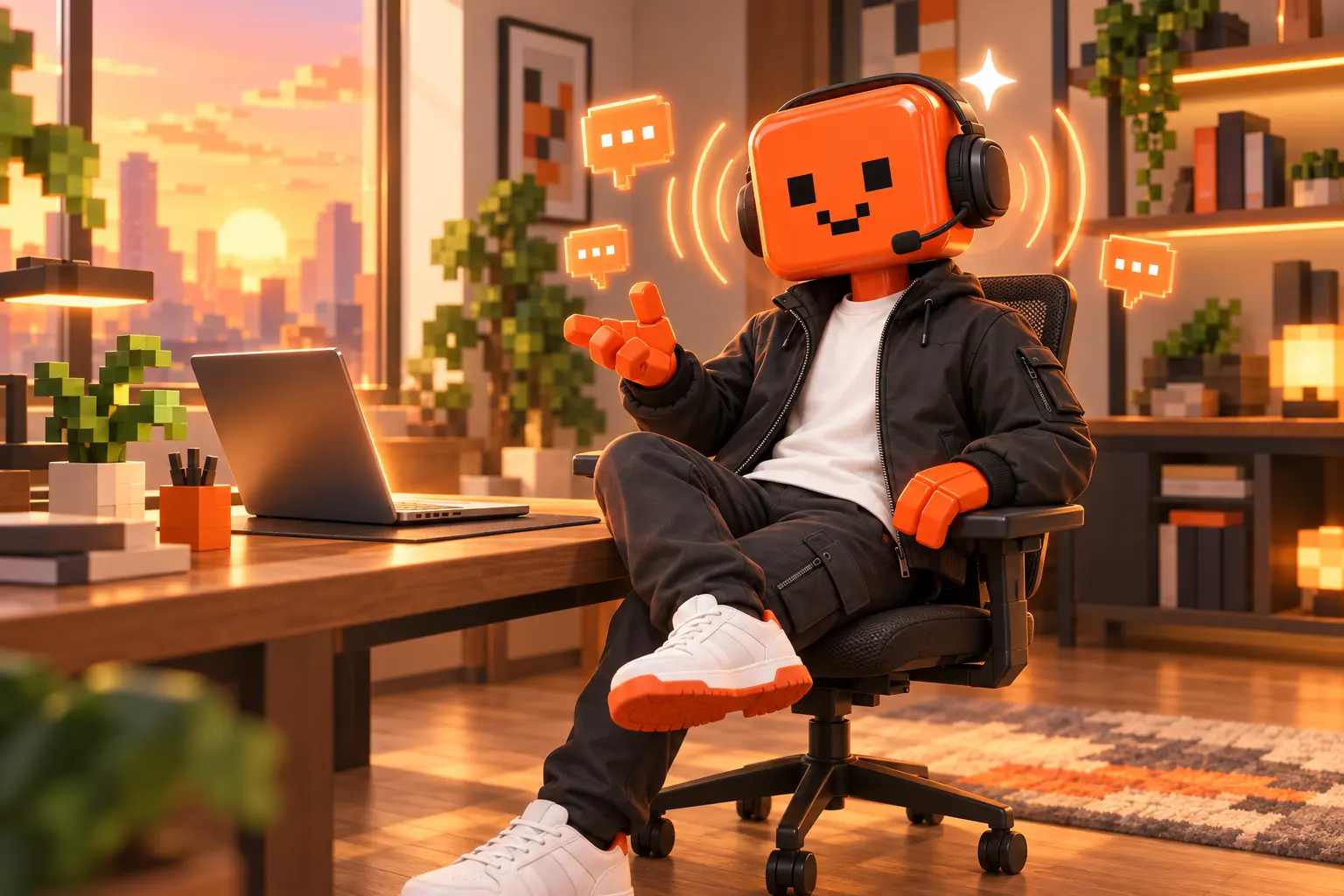 The Kaptia mascot wearing a headset on a call, explaining with its hand