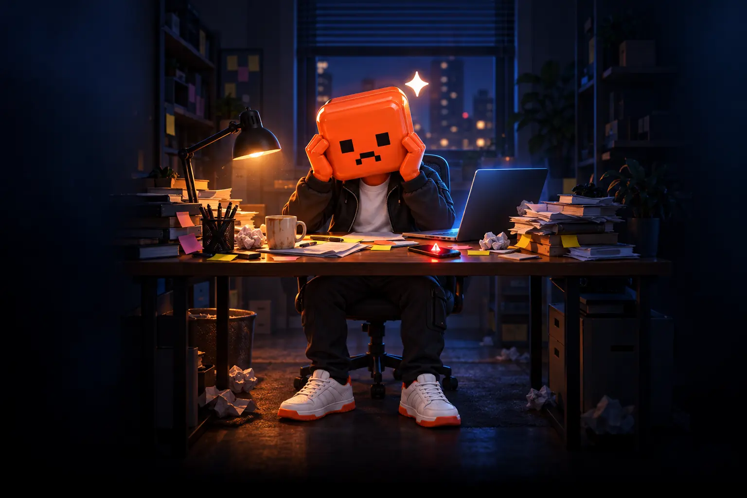 The Kaptia mascot stressed at a desk covered in papers, at night