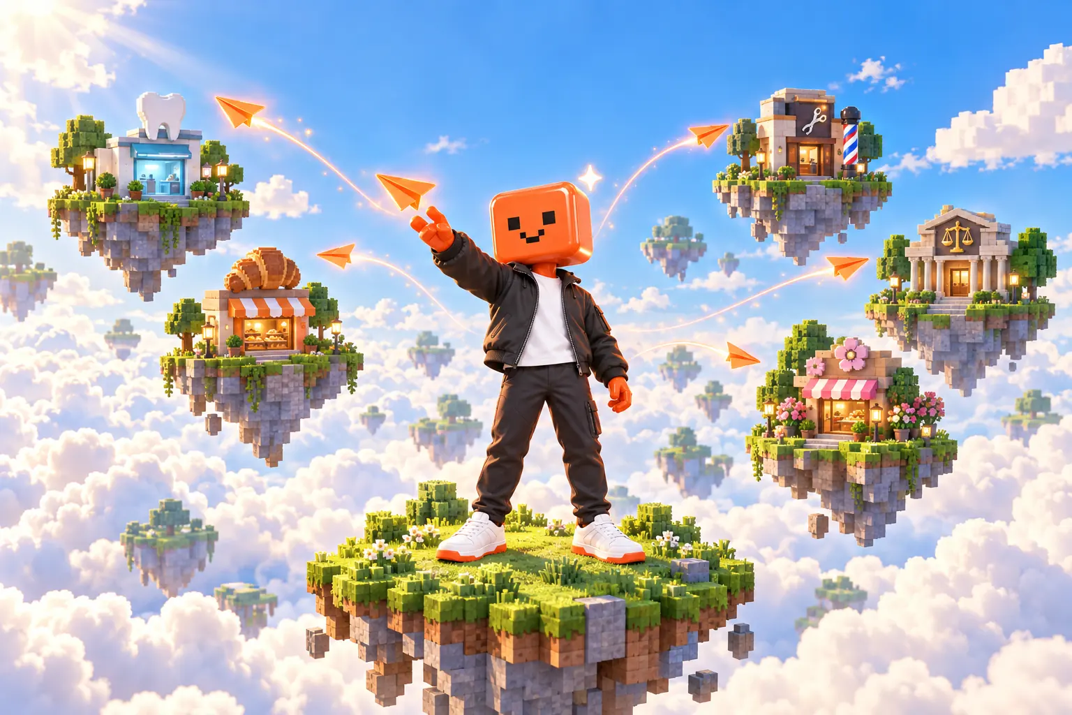 The Kaptia mascot throwing paper planes to small businesses on floating islands